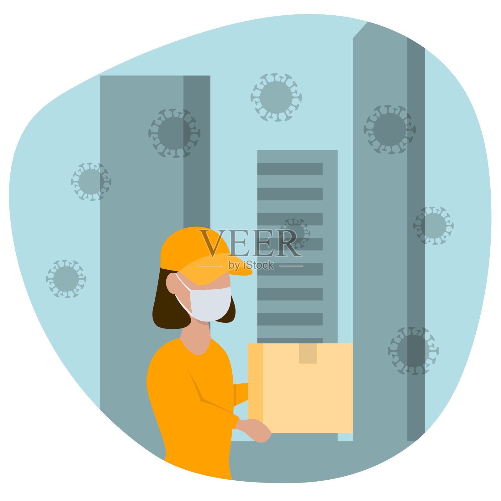 快递女孩戴着医用防护面具,拿着一个包裹插画图片素材