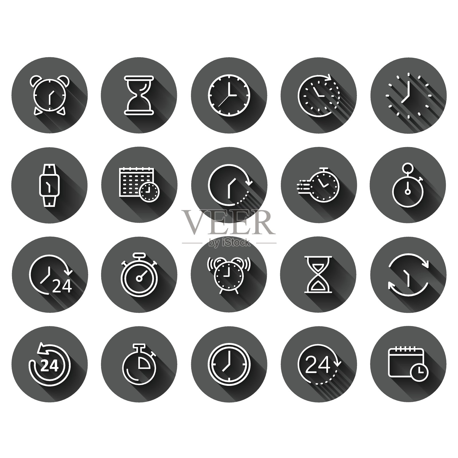 时间图标设置在平面风格。议程时钟矢量插图上的黑色圆形背景与长阴影效果。沙漏、腕表计时器圈按钮经营理念。图标素材