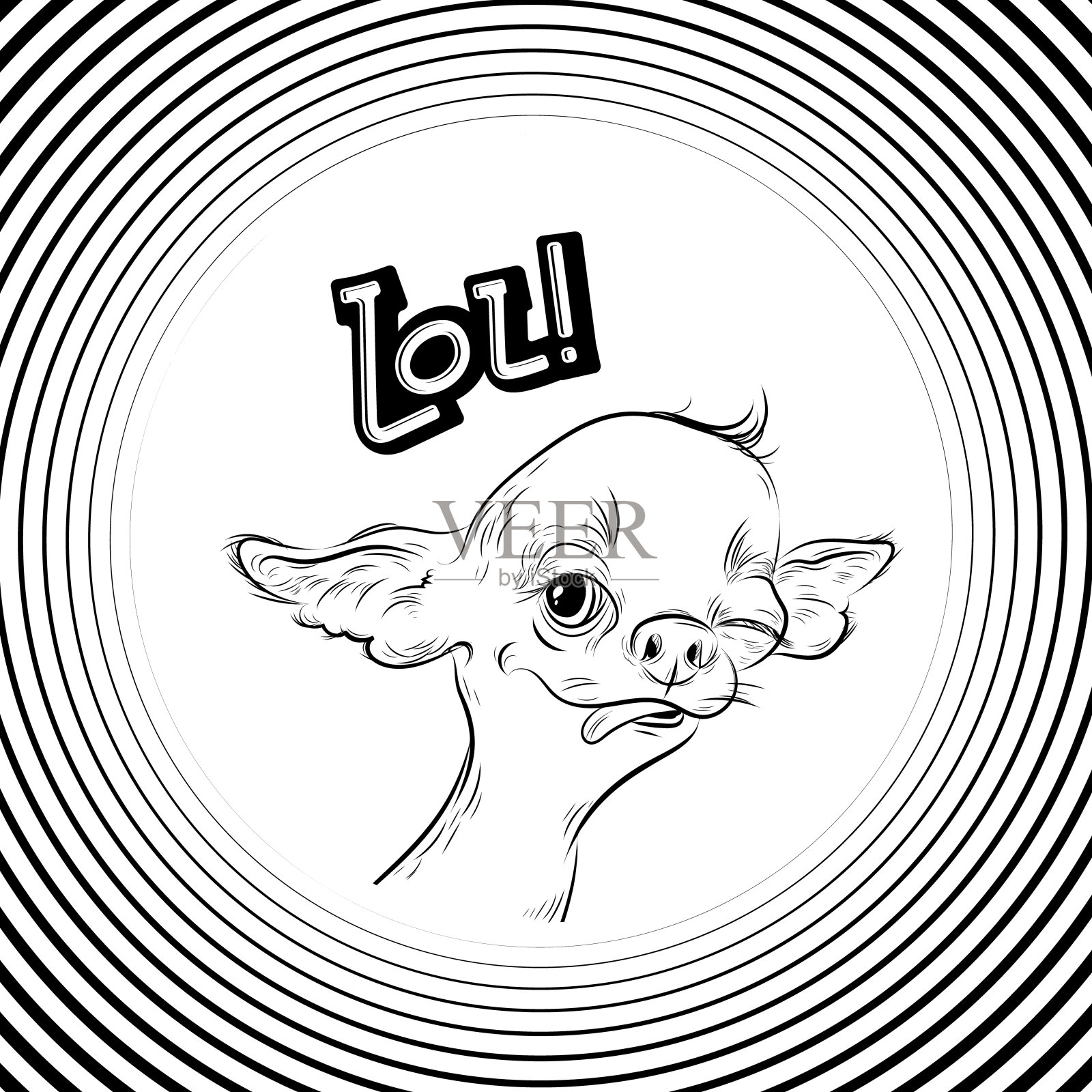 狗的舌头肖像,小狗的滑稽头,贴纸手绘风格在催眠迷幻的螺旋背景,黑色矢量插图10eps插画图片素材
