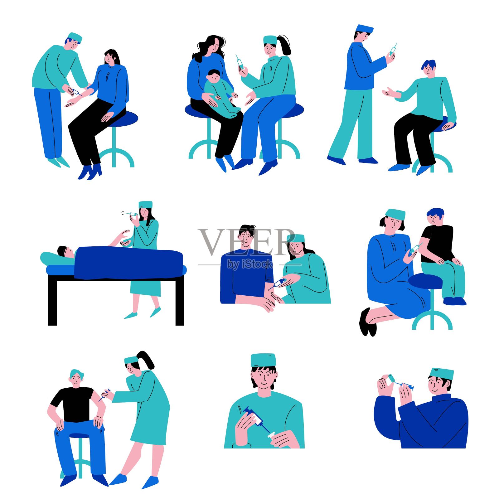 人们和医生接种疫苗期间的病毒或疾病在诊所插画图片素材