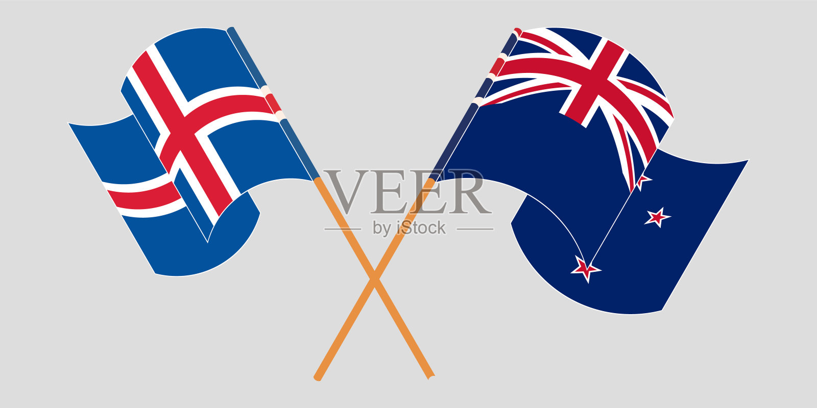 交叉飘扬的冰岛和新西兰国旗设计元素图片