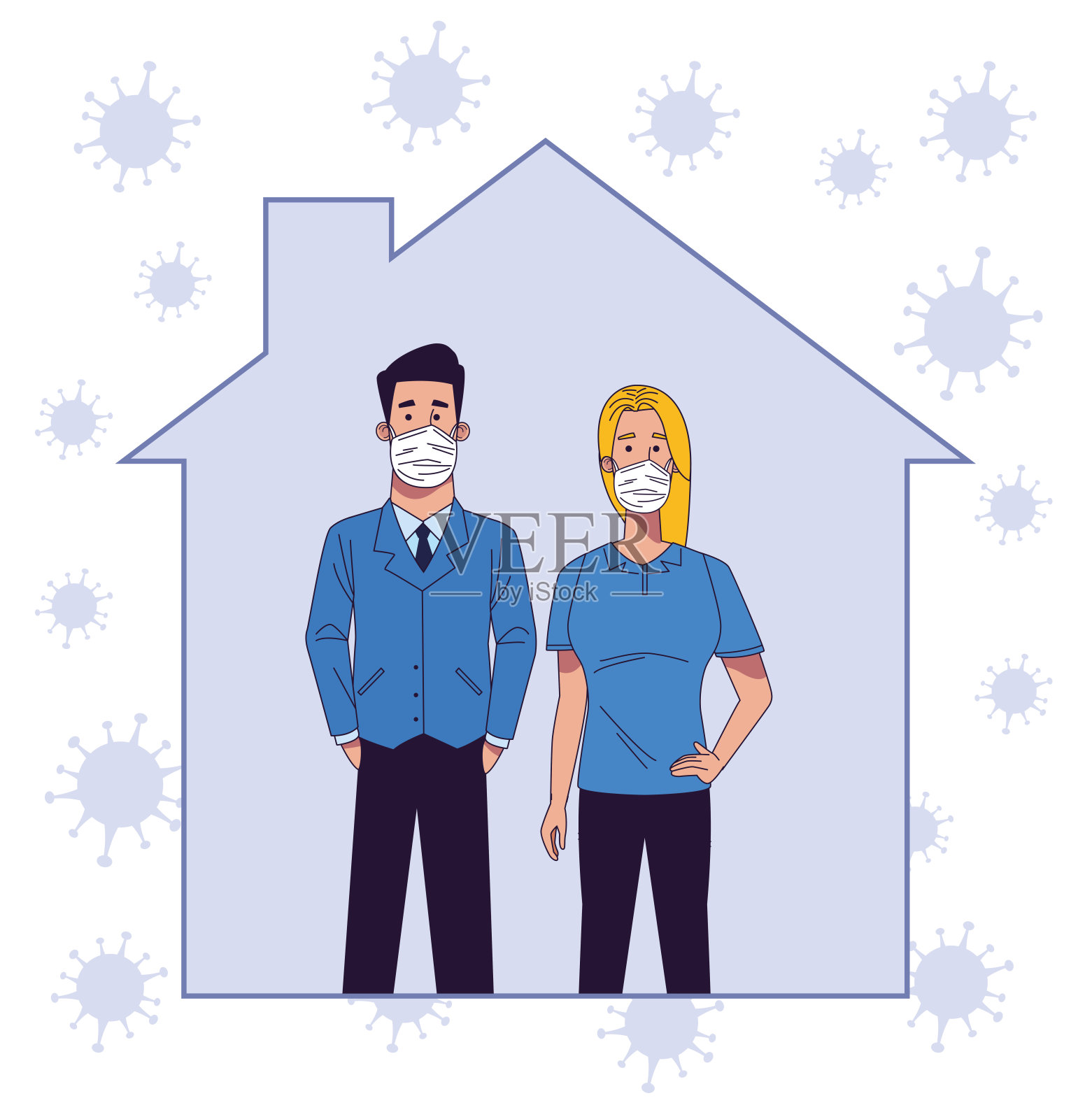 年轻夫妇戴着医用口罩的角色插画图片素材