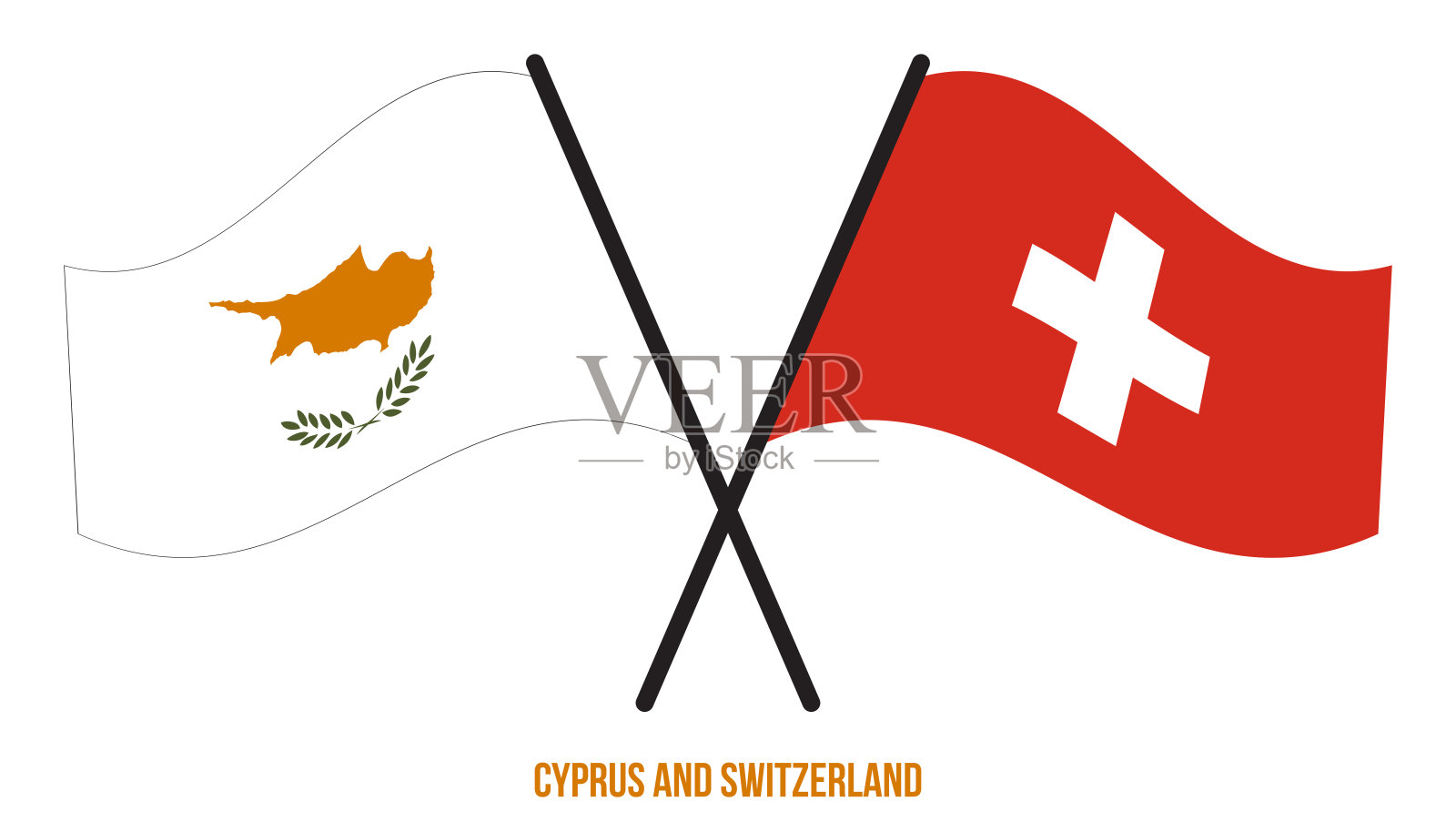 塞浦路斯和瑞士旗帜交叉和挥舞扁平风格。官方的比例。正确的颜色。设计元素图片