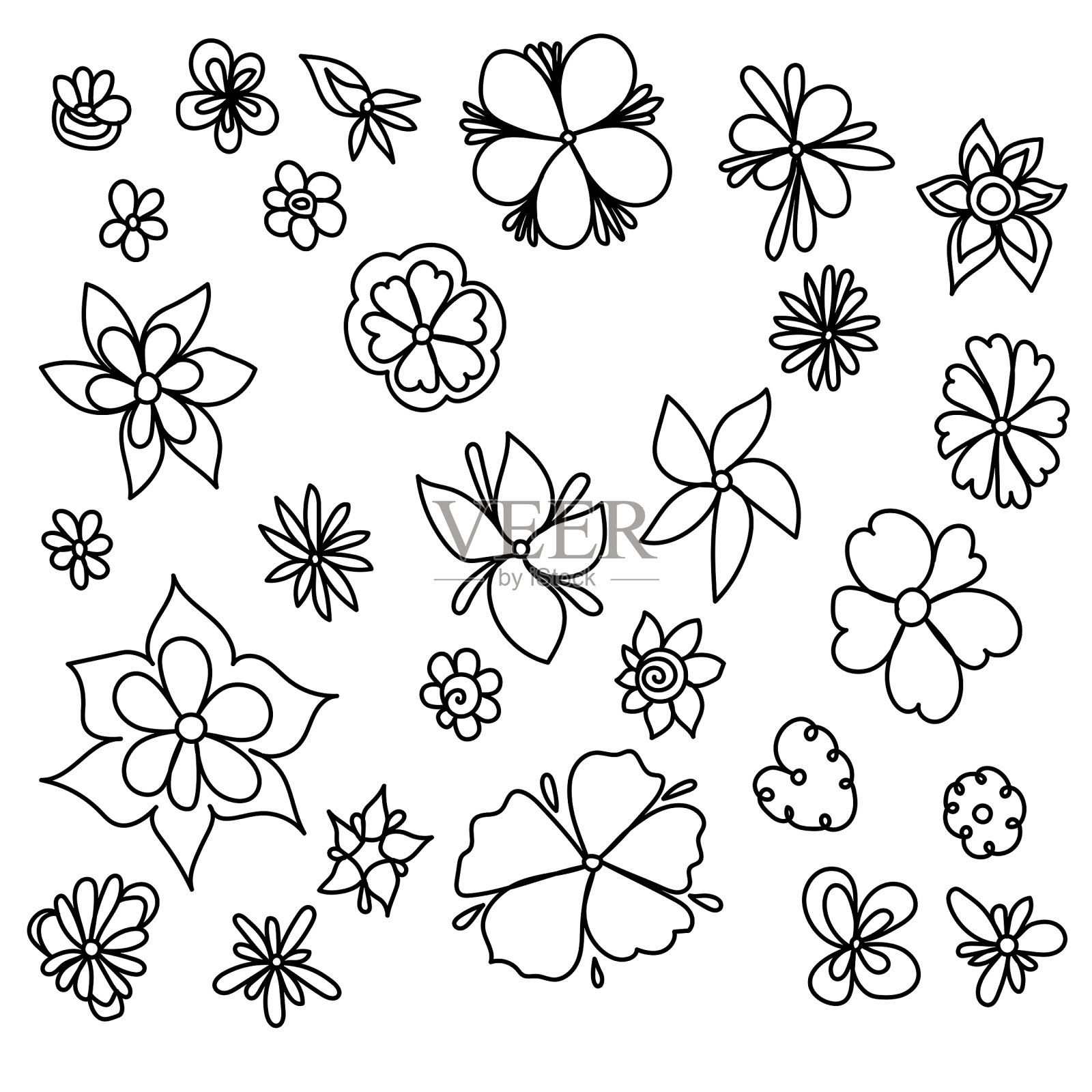 一套涂鸦花卉元素,勾勒盛开的植物插画图片素材