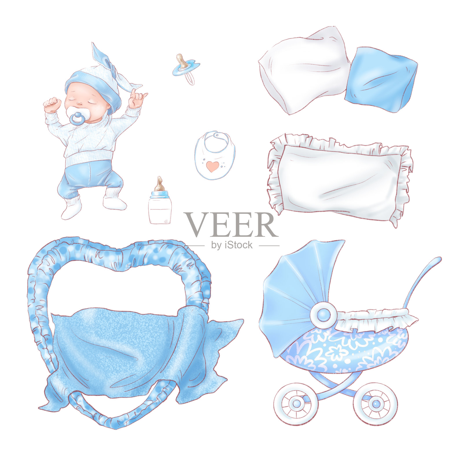 一套新生儿宝宝生日派对。手绘设计元素图片