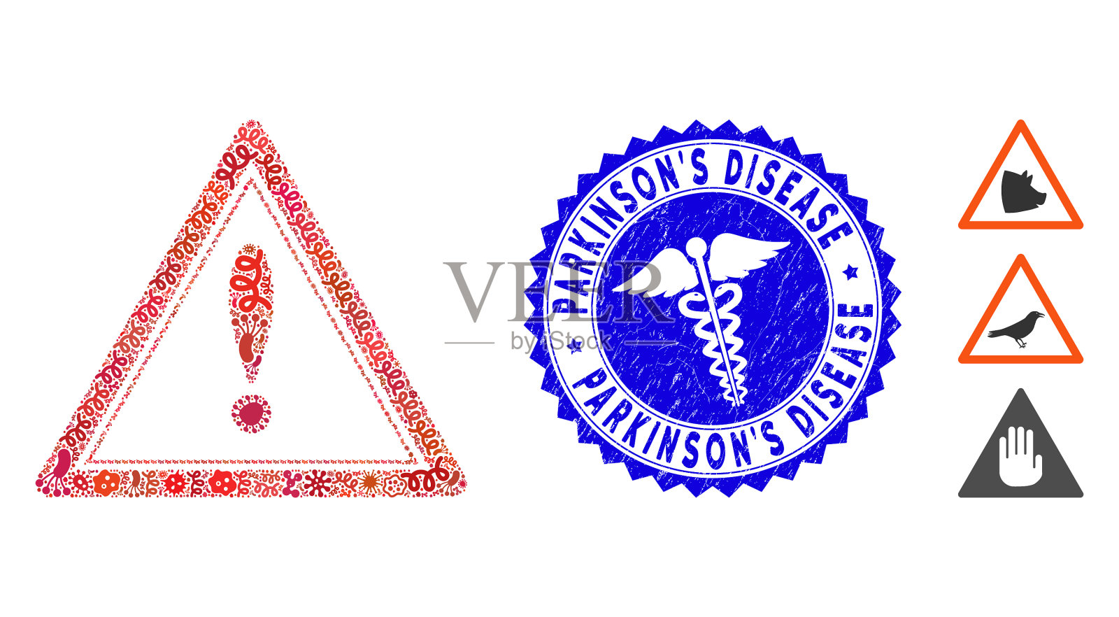 用微生物拼贴警示三角形图标插画图片素材