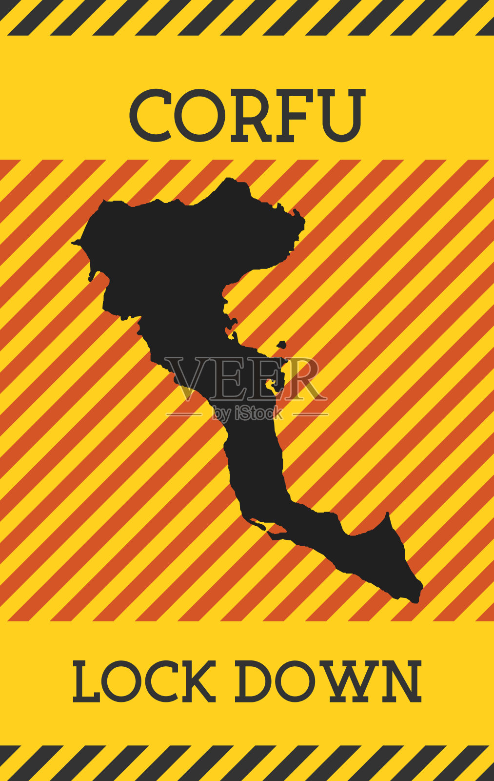 科孚岛锁定标志。黄岛流行病危险图标。插画图片素材