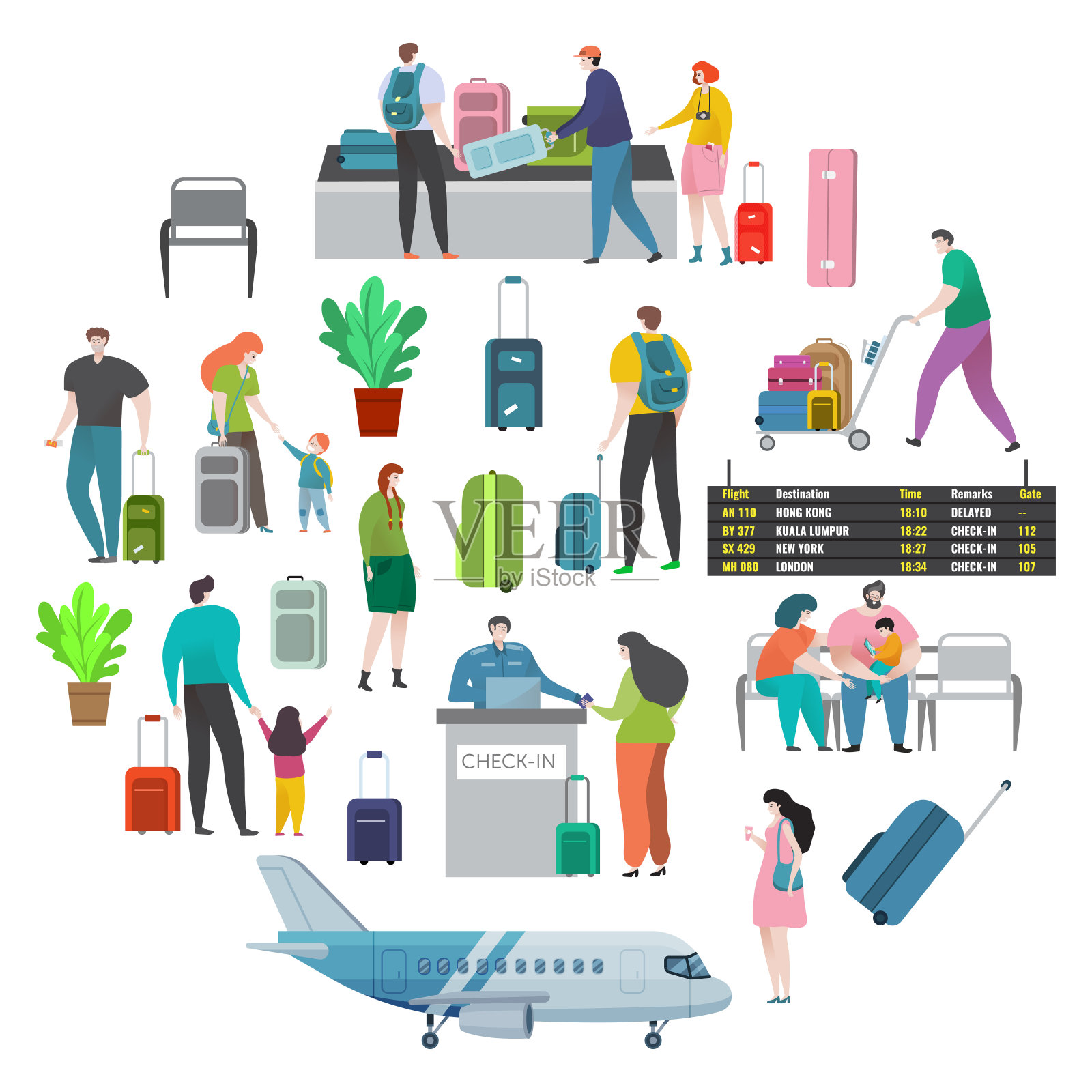 机场和检票区。国际机场的一男一女卡通人物。插画图片素材