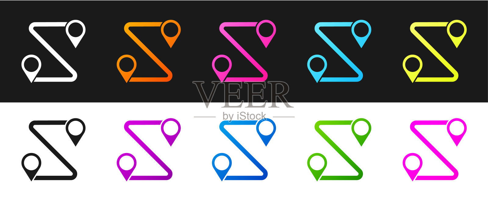 设置路线位置图标隔离在黑色和白色背景。地图上指针的迹象。道路的概念。GPS导航器。矢量图图标素材