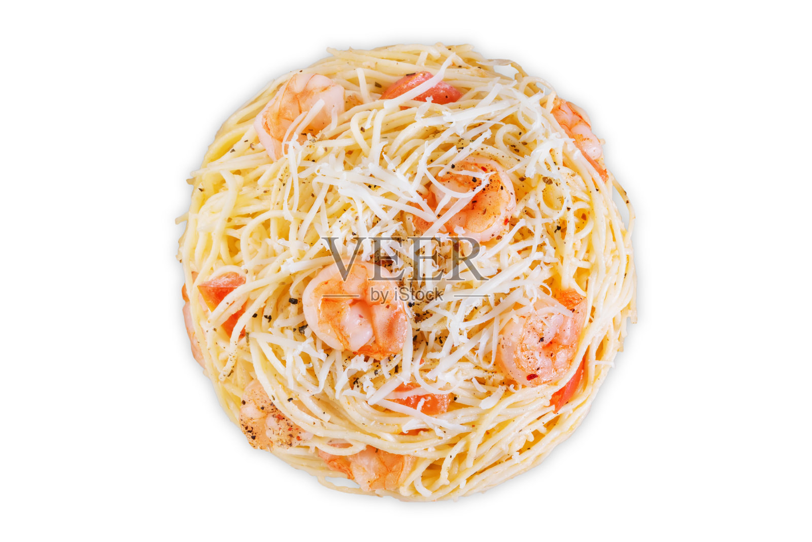 虾面,西红柿和奶酪在白色孤立的背景照片摄影图片