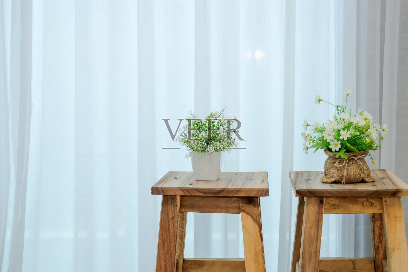花盆放在木凳上,椅子旁边透过窗帘看照片摄影图片