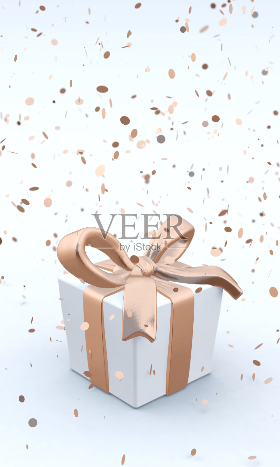 美丽的礼品盒与金色蝴蝶结和丝带的3D插图在白色的背景与飘落的五彩纸屑。照片摄影图片