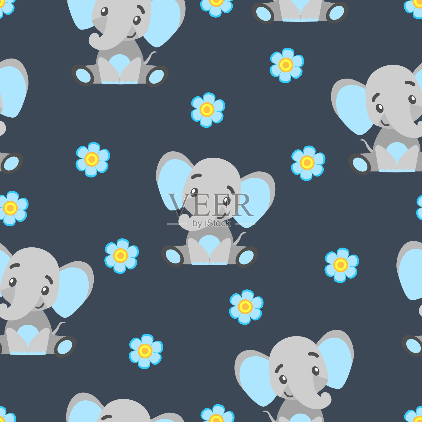 小象和花的无缝图案。灰色和浅蓝色。黑暗的背景。平的卡通风格。有趣和可爱。非洲的动物。用于明信片、墙纸、纺织品和包装纸插画图片素材
