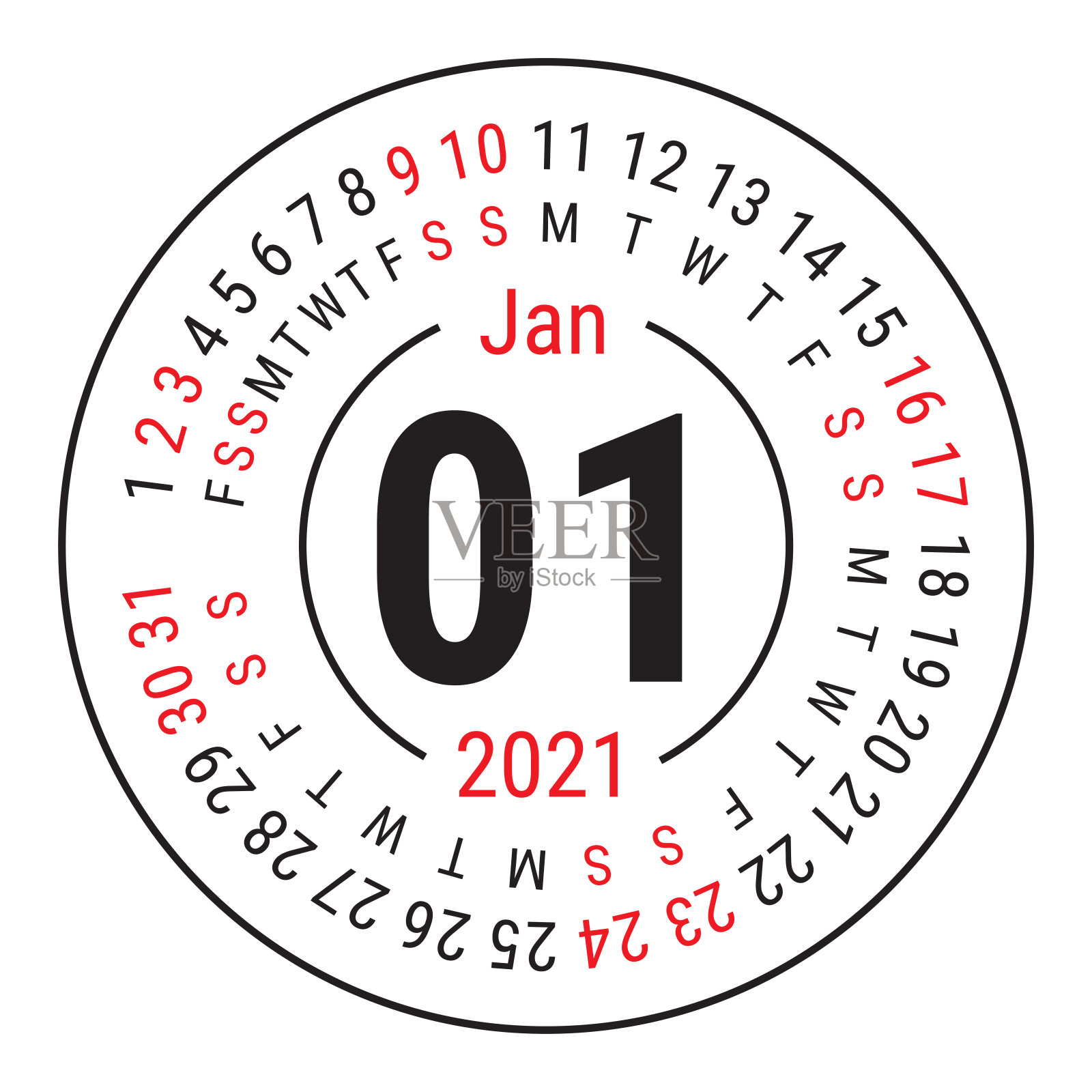 2021年1月。向量英语сalendar。圆的日历。一周从周日开始。设计模板。圆。第一个月插画图片素材