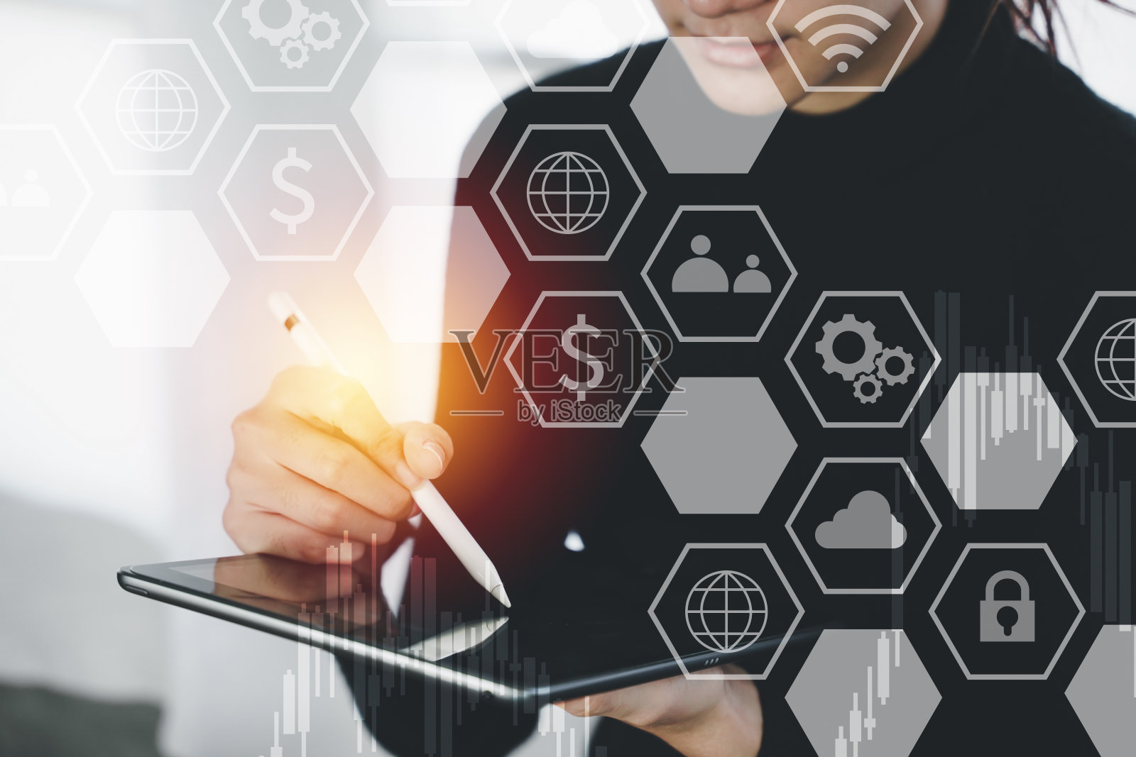 商业和技术概念。虚拟屏幕背景上的图形和图标。照片摄影图片