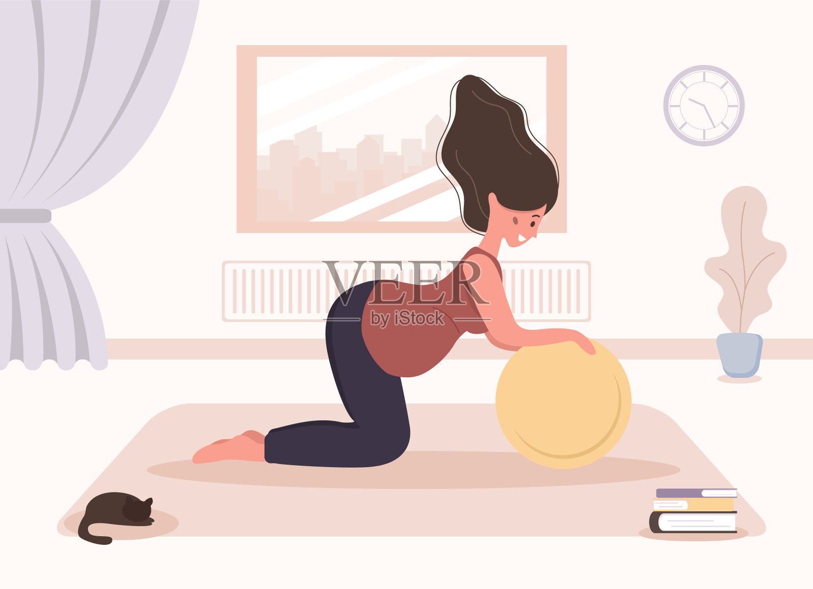 孕期瑜伽:女性在家做健身球运动,保健运动概念。插画图片素材