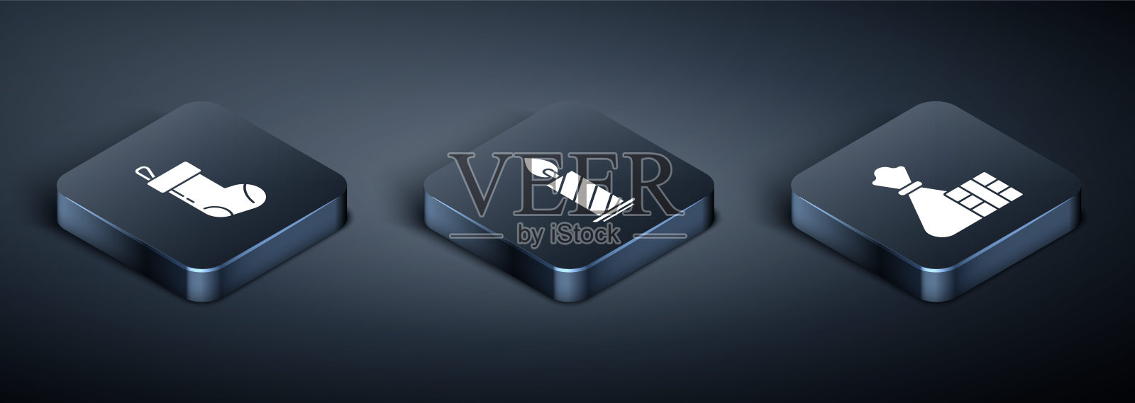 设置等距圣诞袜,礼盒和袋子和燃烧的蜡烛在烛台图标。向量图标素材