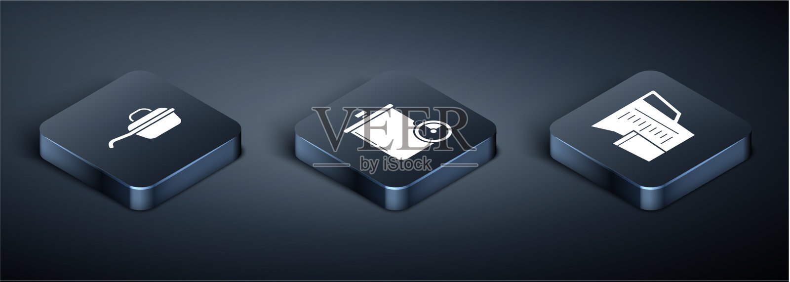 设置等距煎锅,量杯和图标素材