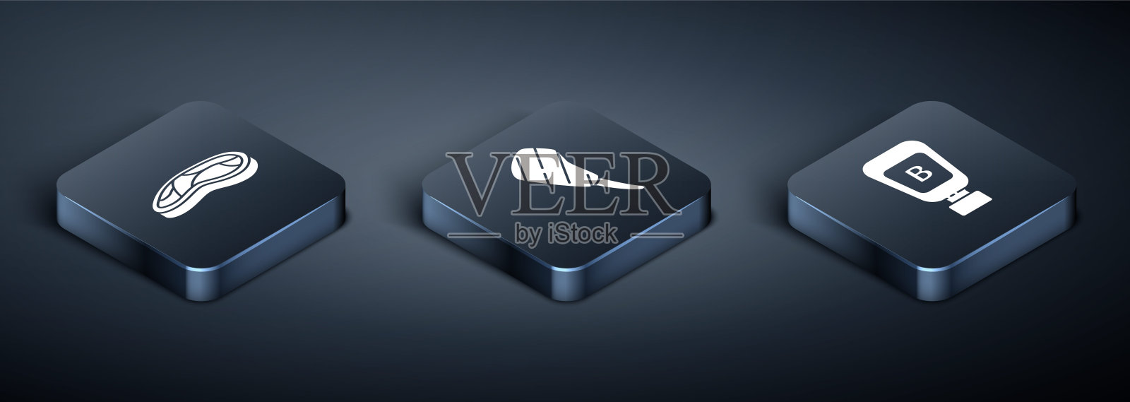 设置等距牛排肉,酱瓶和肋眼牛排图标。向量图标素材