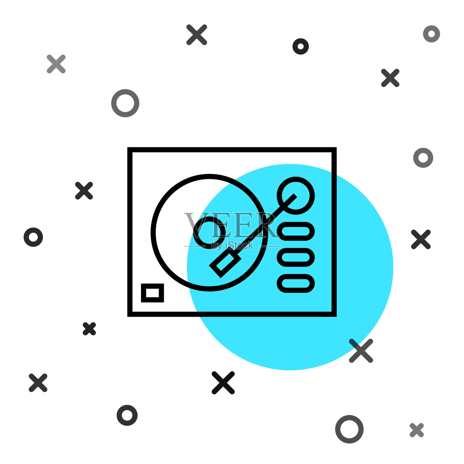 黑线乙烯基播放器与乙烯基磁盘图标隔离在白色背景。随机动态形状。矢量图图标素材