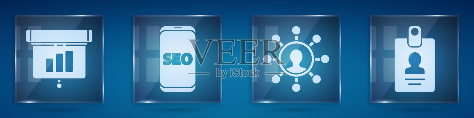 设置图形、图表、图表、信息图、手机SEO优化、商务网络和通信及标识牌。方形玻璃面板。向量插画图片素材