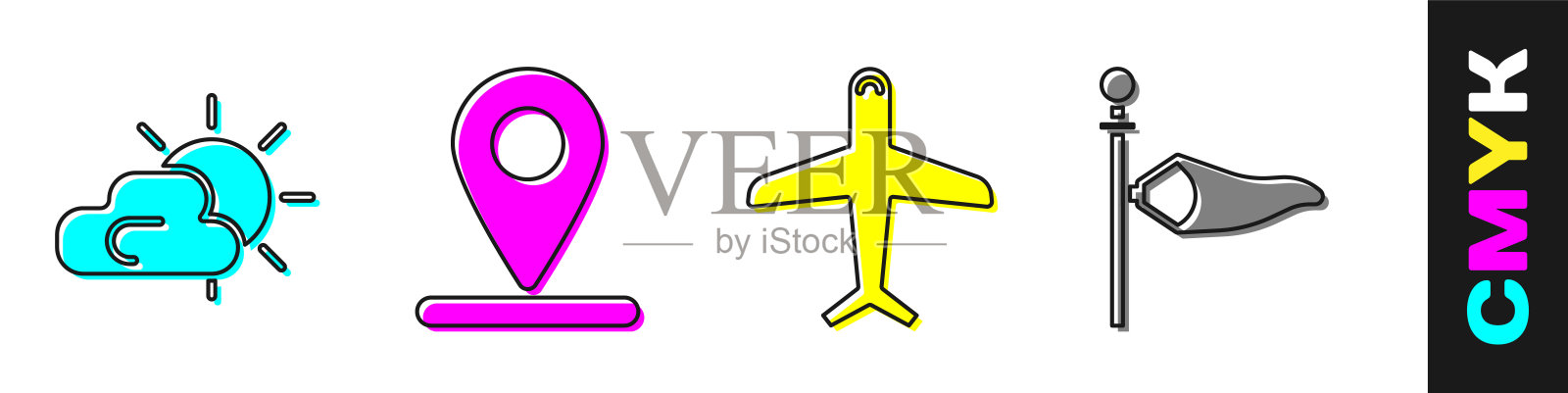 日落和云天气,位置,飞机和锥体气象学风向标志。向量图标素材