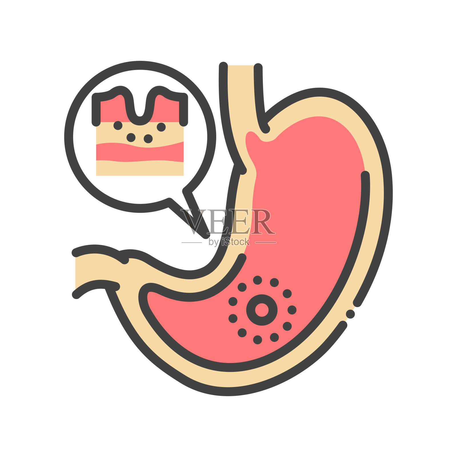 胃病胃炎线颜色图标。胃炎症。人体器官的概念。网页、手机应用、按钮、logo的签名。向量孤立的元素。可编辑的中风插画图片素材
