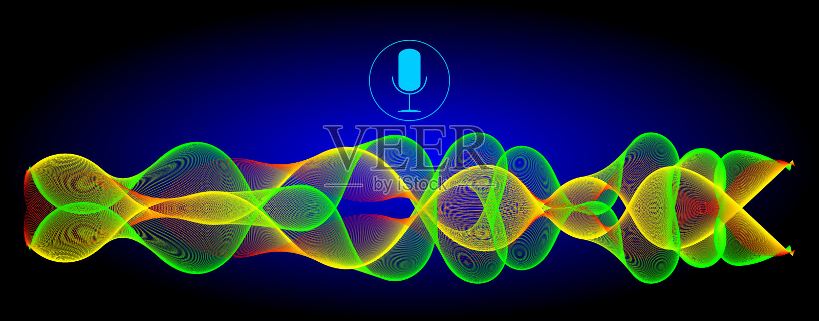 声音识别与麦克风和绿色,红色,黄色声波-插图照片摄影图片