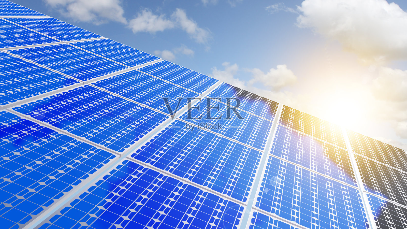 太阳能发电厂的电池板下有蓝天白云——清洁能源的概念。替代能源的概念。3 d演示。照片摄影图片