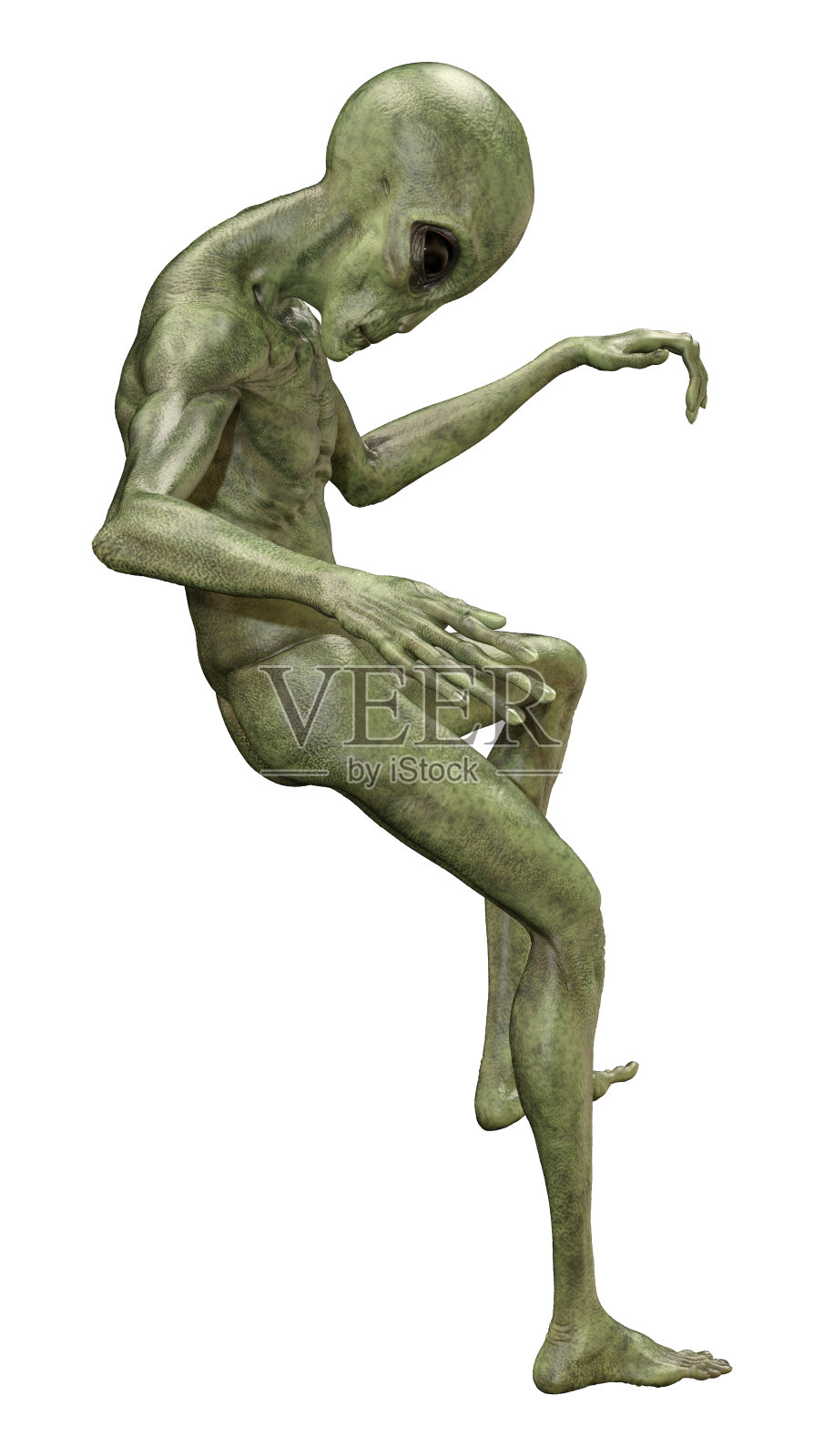 3D插图绿色外星人在白色照片摄影图片