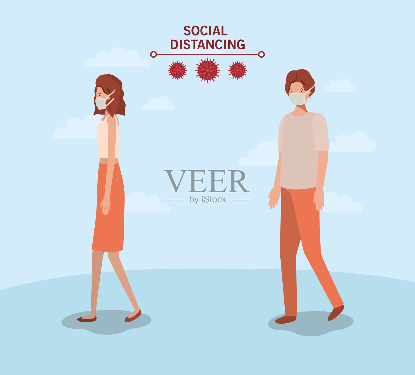 男孩和女孩之间的社会距离面具和云矢量设计插画图片素材