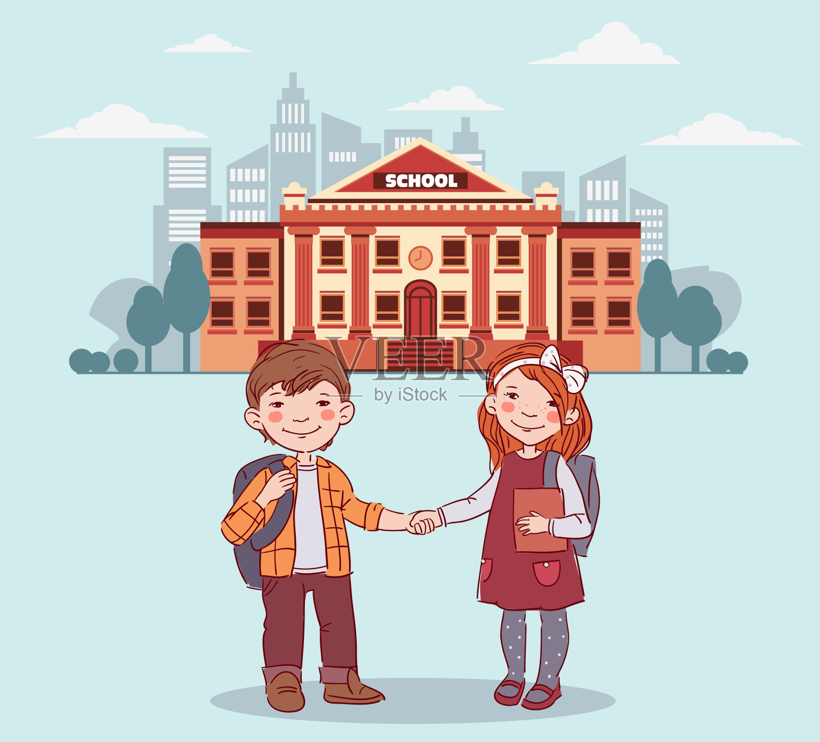有趣,微笑的孩子。男孩和女孩手牵着手。孩子成为朋友。回到学校向量的概念。快乐的男孩和女孩与书插画图片素材