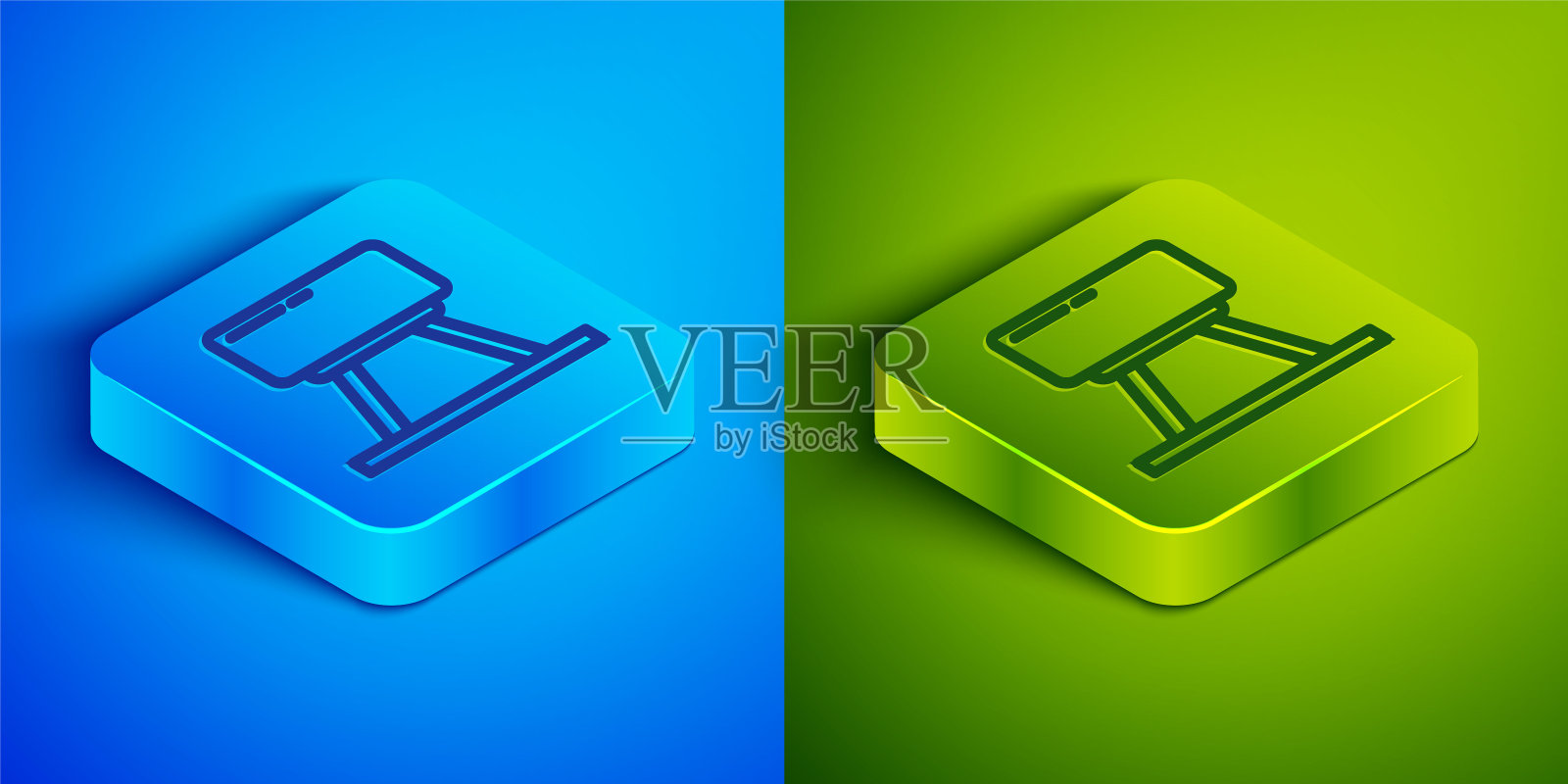 等距线鞍马图标孤立在蓝色和绿色的背景。用于跳跃和体操的运动器材。方形按钮。矢量图图标素材