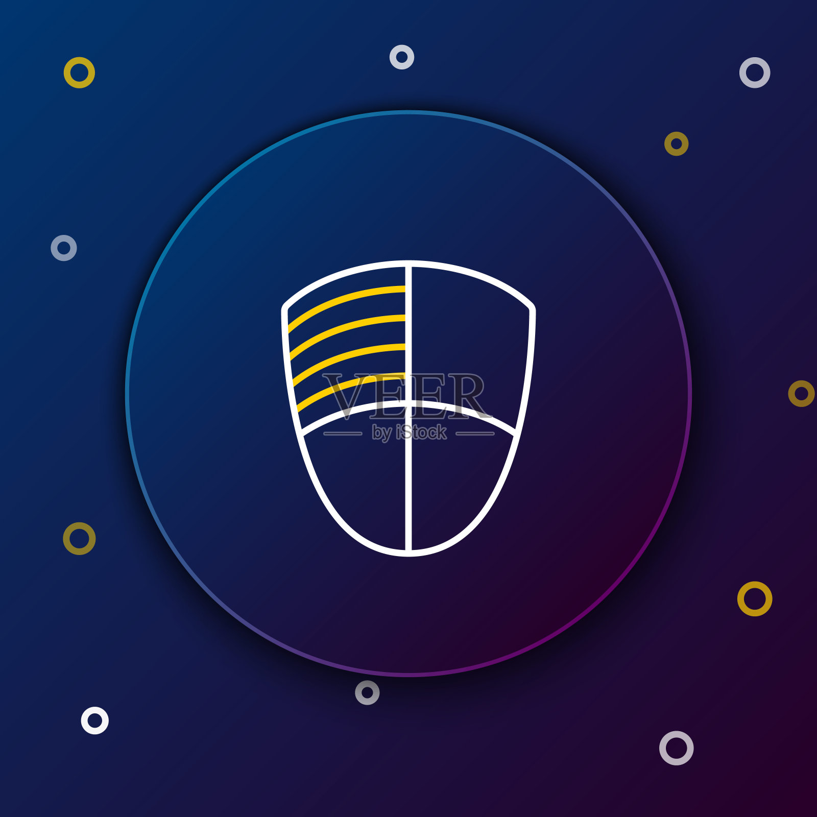 白色和黄色线足球俱乐部标志模板图标孤立在深蓝色的背景。设计元素为标志,标签,会徽,标志,海报。色彩斑斓的轮廓的概念。矢量图图标素材