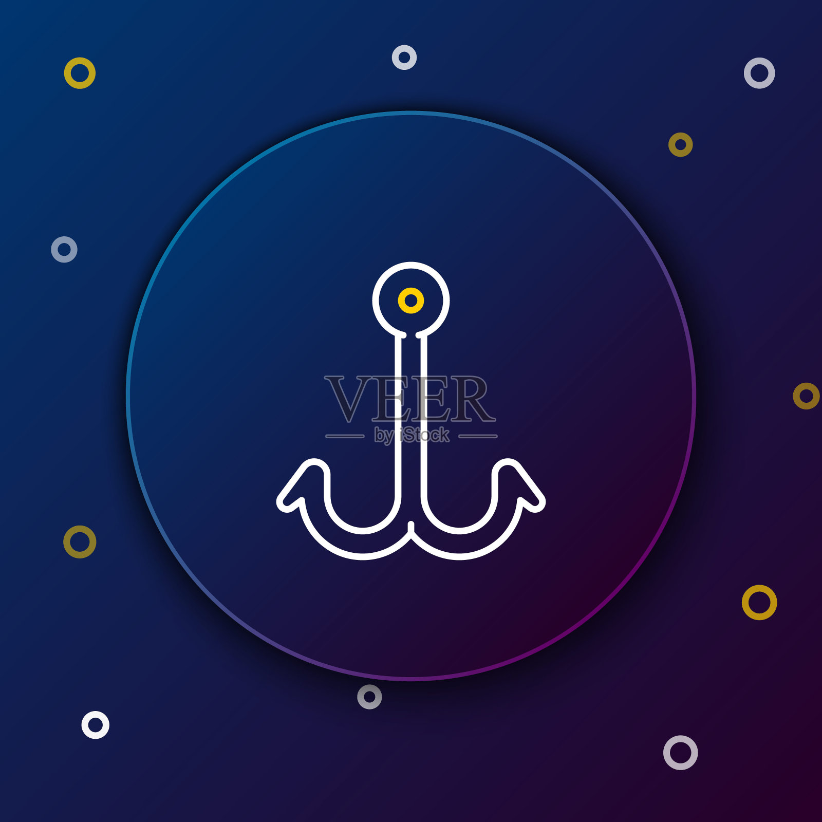 白色和黄色线钓鱼钩图标孤立在深蓝色的背景。渔具。色彩斑斓的轮廓的概念。矢量图图标素材