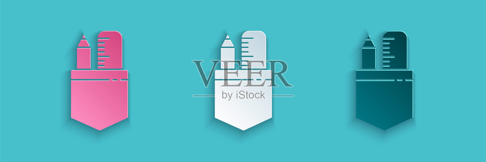 剪纸交叉尺和铅笔图标孤立在蓝色背景。直尺的象征。绘画和教育工具。纸艺术风格。矢量图插画图片素材