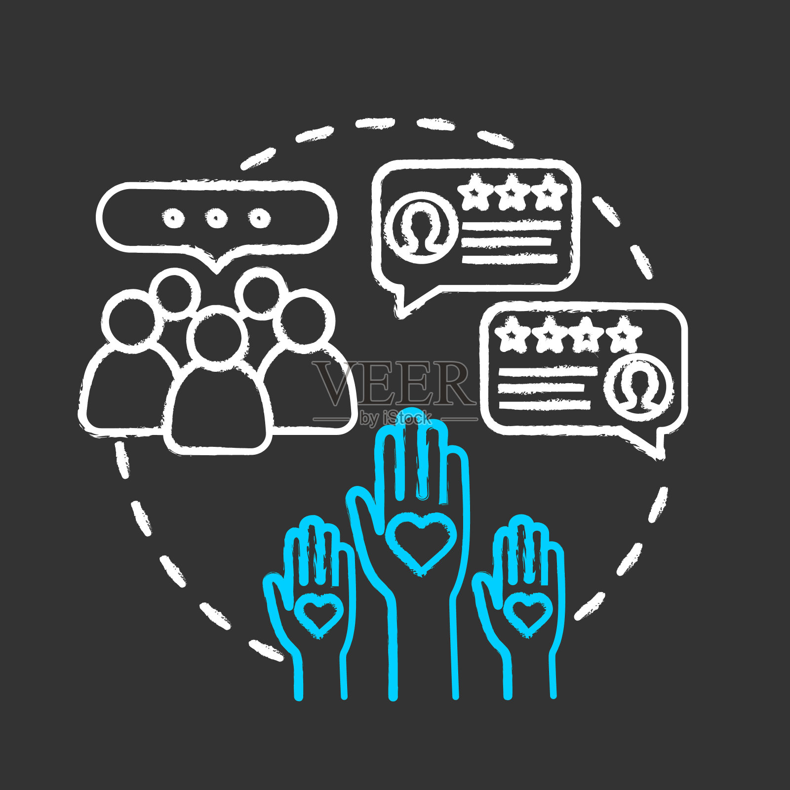 参与在线社区粉笔RGB颜色概念图标。与观众的沟通。客户忠诚,品牌信誉理念。矢量孤立的黑板插图在黑色的背景插画图片素材