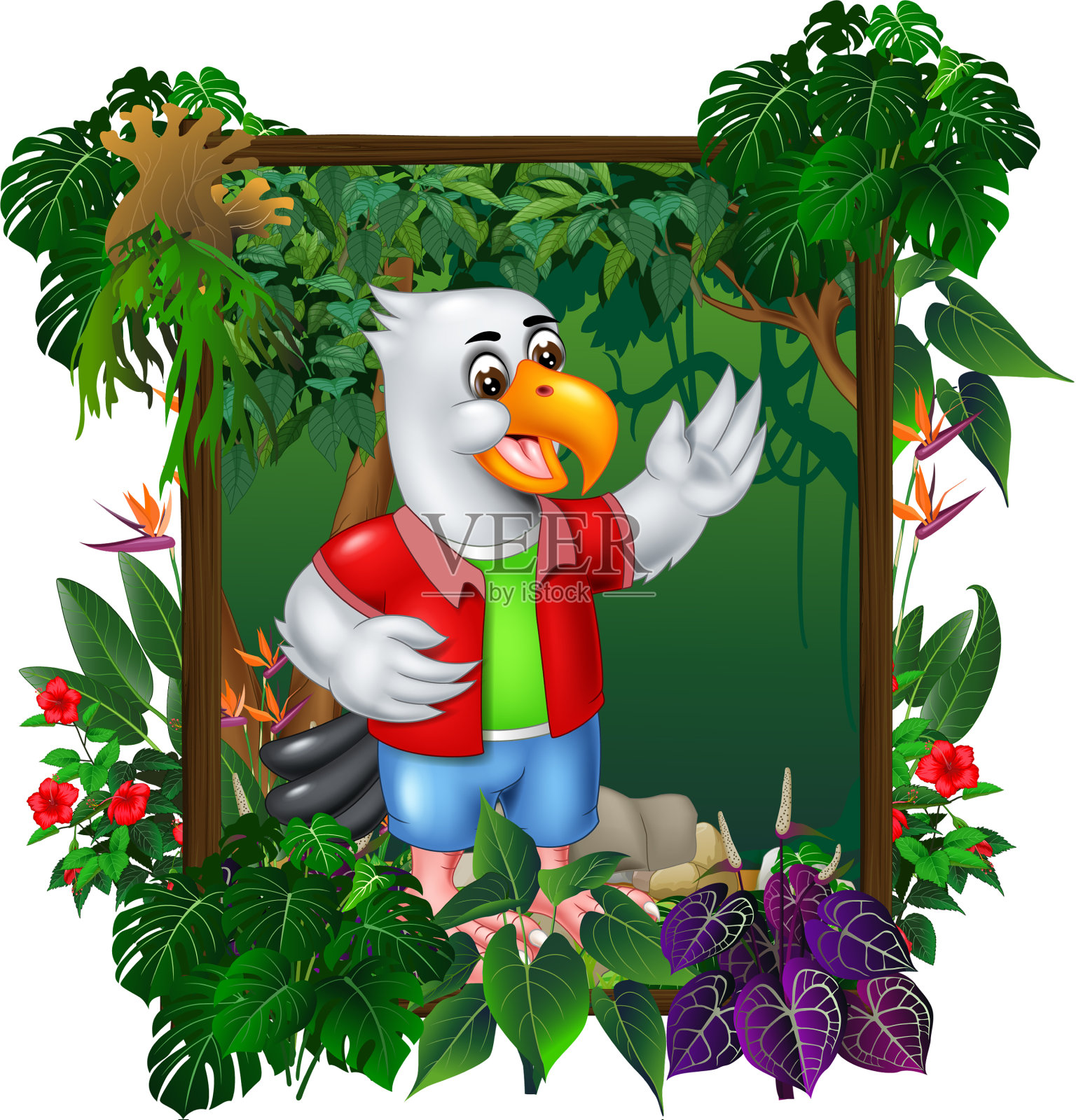 有趣的白色鸟在森林与热带植物设计元素图片