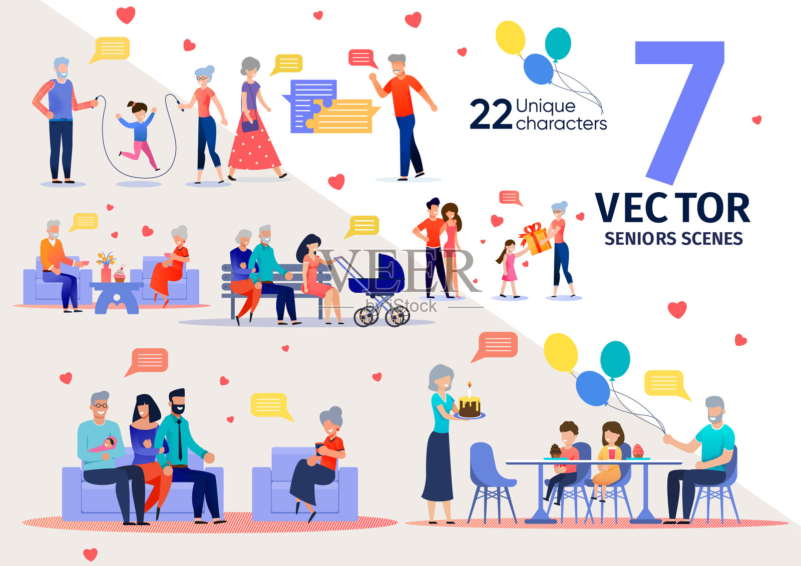 老年人家庭支持平面场景设置插画图片素材