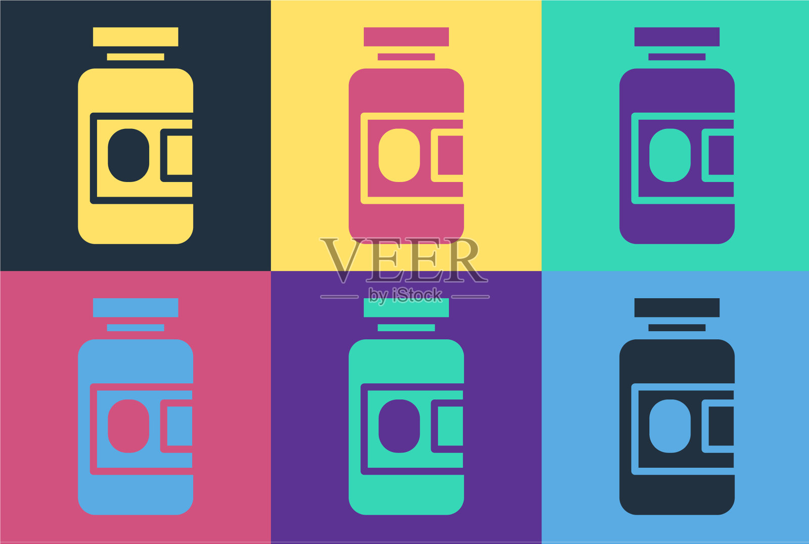 波普艺术药瓶和药丸图标孤立上插画图片素材