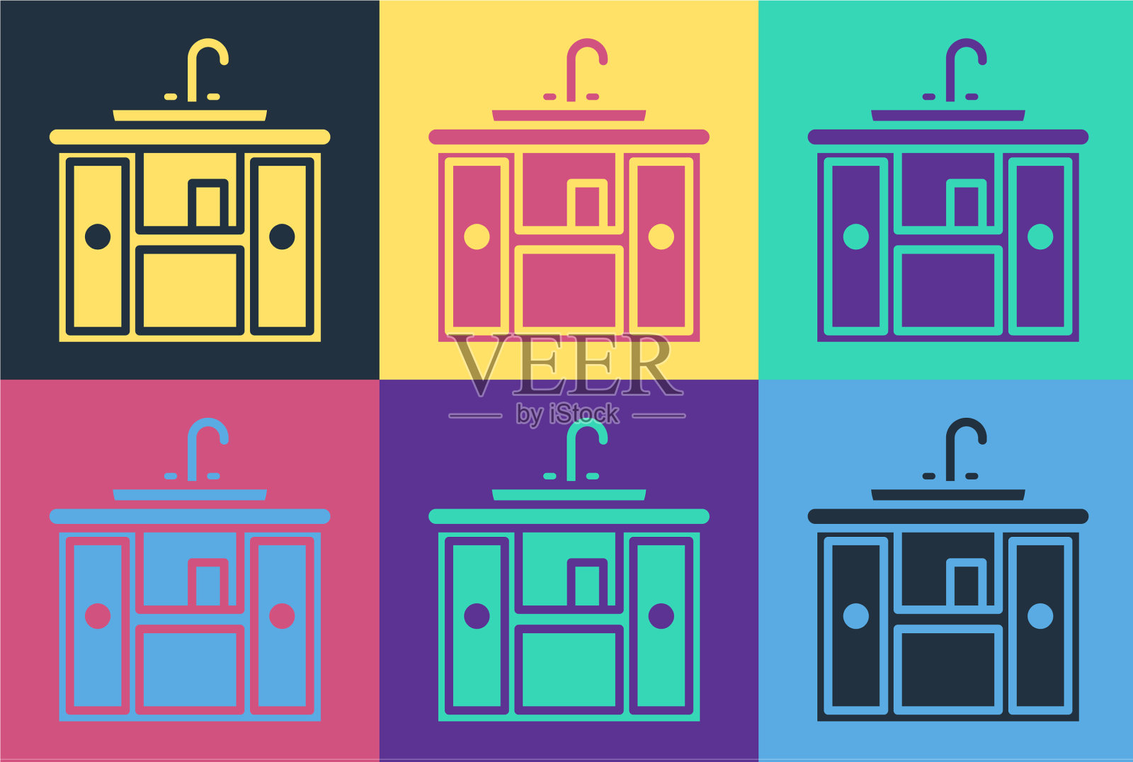 带有水龙头图标的波普艺术面盆柜插画图片素材