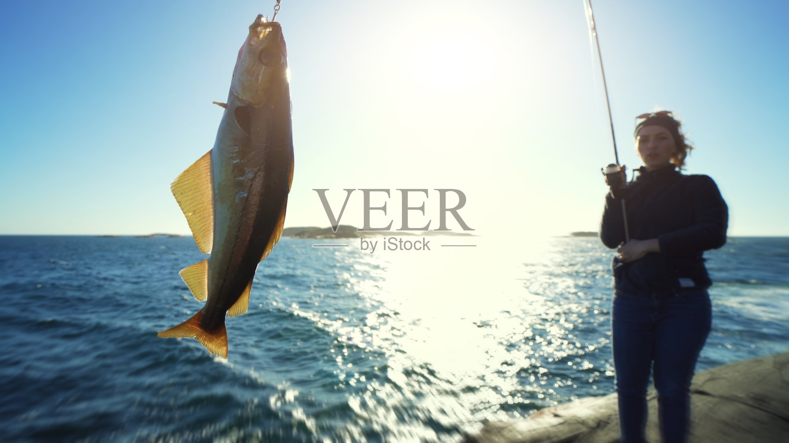 女人用钓竿在海里纺纱捕鱼,钓到一条鳕鱼照片摄影图片