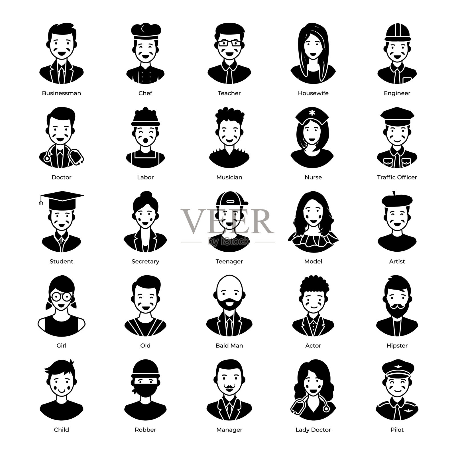 现代固体风格包中的人物头像插画图片素材