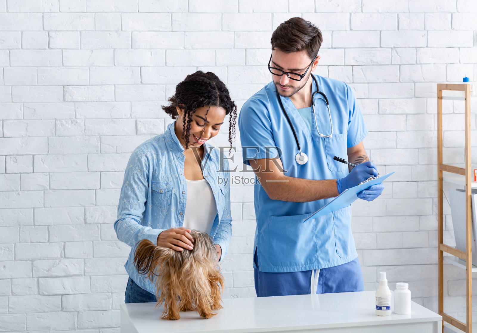 是时候去看兽医了。非洲裔美国妇女与狗在医院咨询宠物医生照片摄影图片