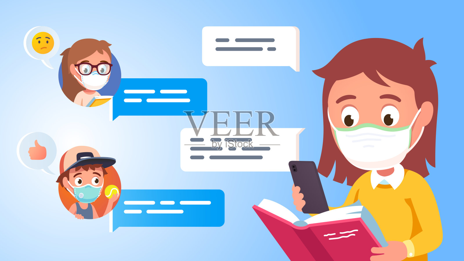 冠状病毒隔离期间,孩子们在网上聊文学。戴着面具看纸质书拿着手机和朋友发短信的女孩。通信的概念。平面向量插图插画图片素材