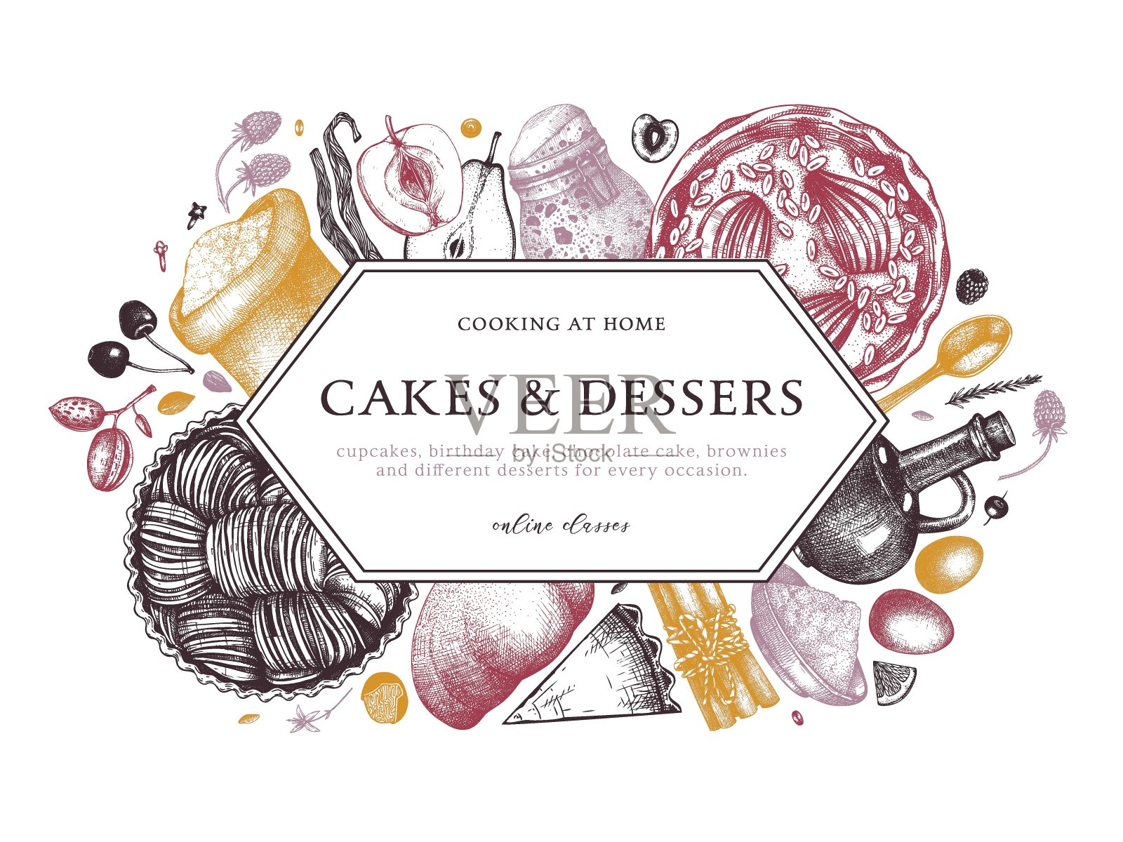 手绘水果蛋糕设计在颜色插画图片素材