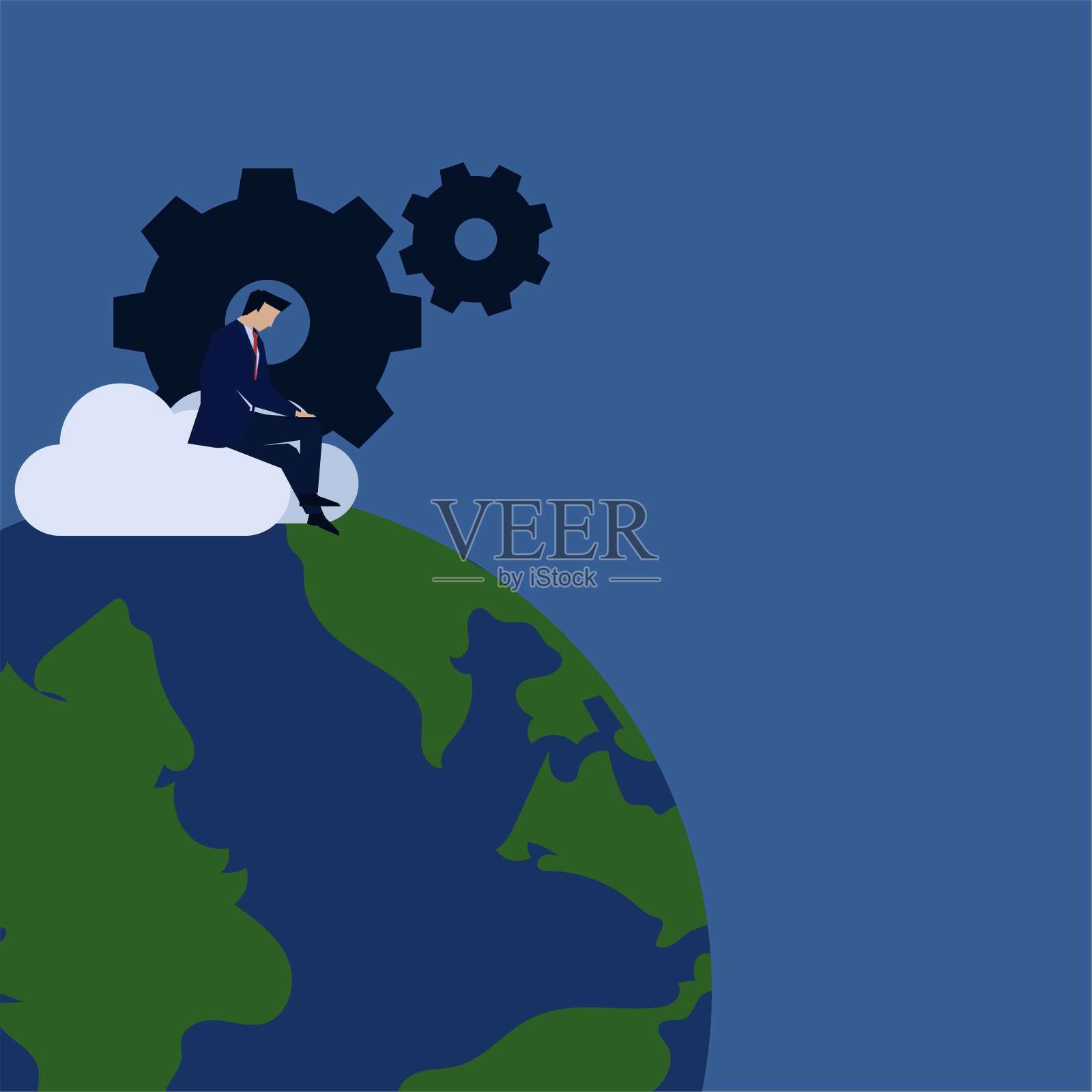 商业平面矢量概念商人工作在云与齿轮和全球隐喻的全球更新。插画图片素材
