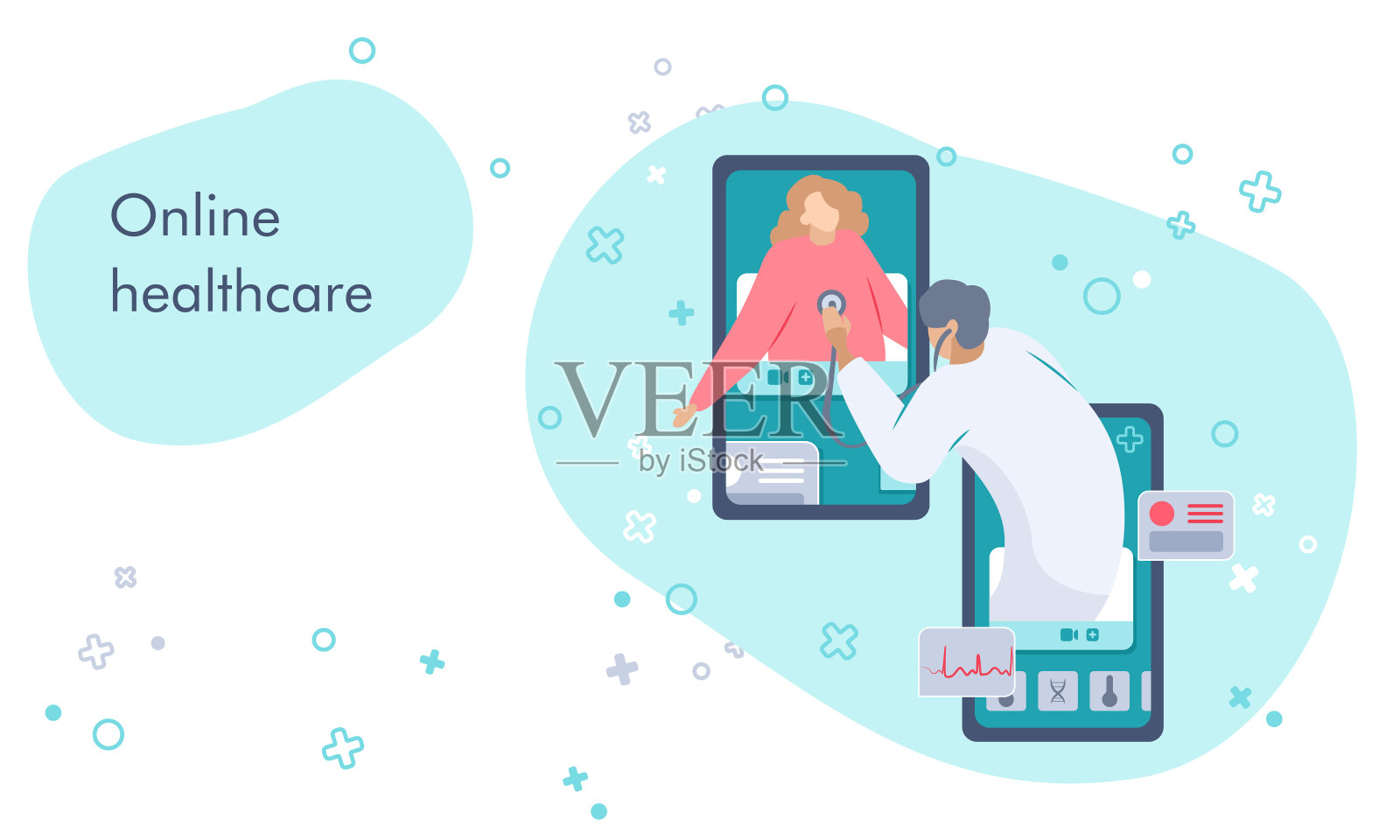 在线医疗保健在移动应用程序信息图在白色背景的着陆页。插画图片素材