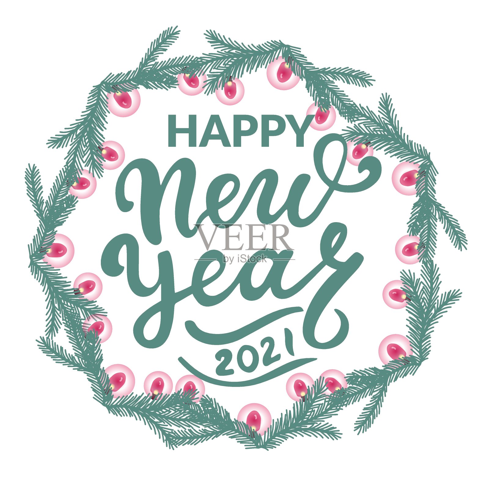 2021年新年快乐。毛笔书法。手写字母祝贺短语与常青花环和点燃红色灯花环。最好的祝福。设计模板素材