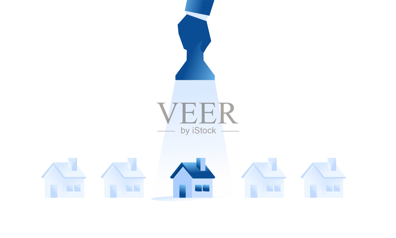 灯光照亮了小房子。房屋贷款的概念,商人想把自己的钱用来投资租房,买一套带有平面插图风格的房产插画图片素材